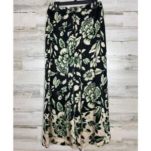Adrianna Papell women medium black green floral wide leg pants silky lightweight